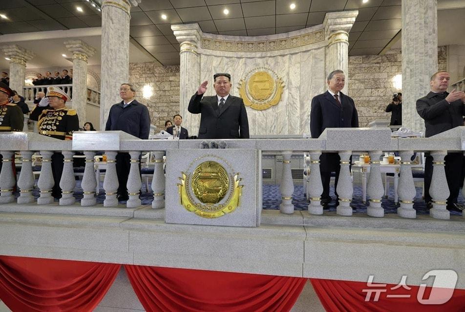 Kim Jong Un, General Secretary of the Workers' Party of Korea, attended a nighttime military parade held at Kim Il Sung Square in Pyongyang on October 10 to mark the 80th anniversary of the party's founding, alongside key foreign dignitaries. From left: Li Chang, Premier of the State Council of China; Kim Jong Un, General Secretary of the Party; Nguyen Phu Trong, General Secretary of the Communist Party of Vietnam; Dmitry Medvedev, Deputy Chairman of the Security Council of Russia / Rodong Sinmun