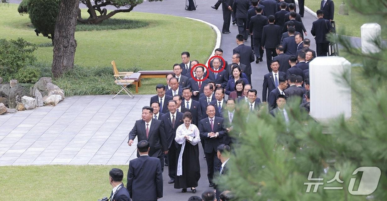 Kim Jong Un, General Secretary of the Workers&#39; Party of Korea, visiting the Party Founding Memorial Hall on October 9. Ri Son-gwon and Kim Yong-chol are visible in the background &#40;Inside the red circle&#41; / Rodong Sinmun