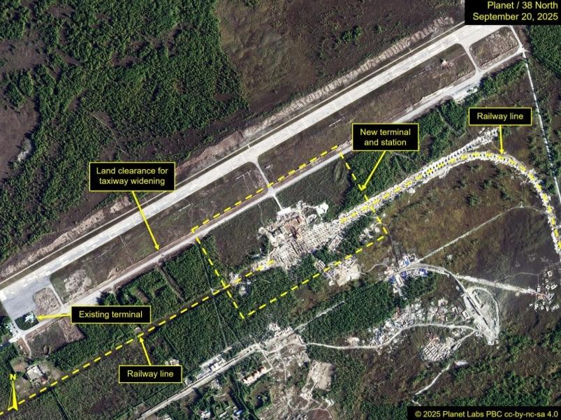 According to 38 North&#39;s analysis of satellite imagery from September 20, the terminal at Samjiyon Airport has taken shape, and supports for the new train station have been installed, the company said. Work is also underway on what will be the roadbed for the new railroad, it added.