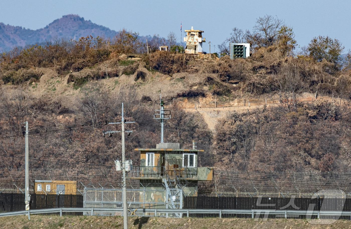 Guard posts from the two Koreas face each other in a border area in Paju, Gyeonggi Province, on Nov. 18, 2025. / Courtesy of News1
