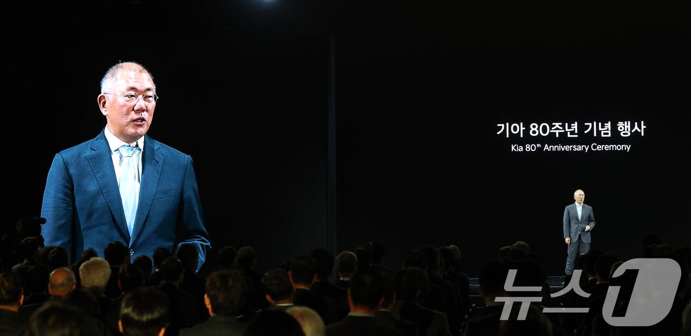 Chung Euisun, chairman of Hyundai Motor Group, speaks at Kia’s 80th anniversary event in Asia, Dec. 5, 2025. / Courtesy of News1