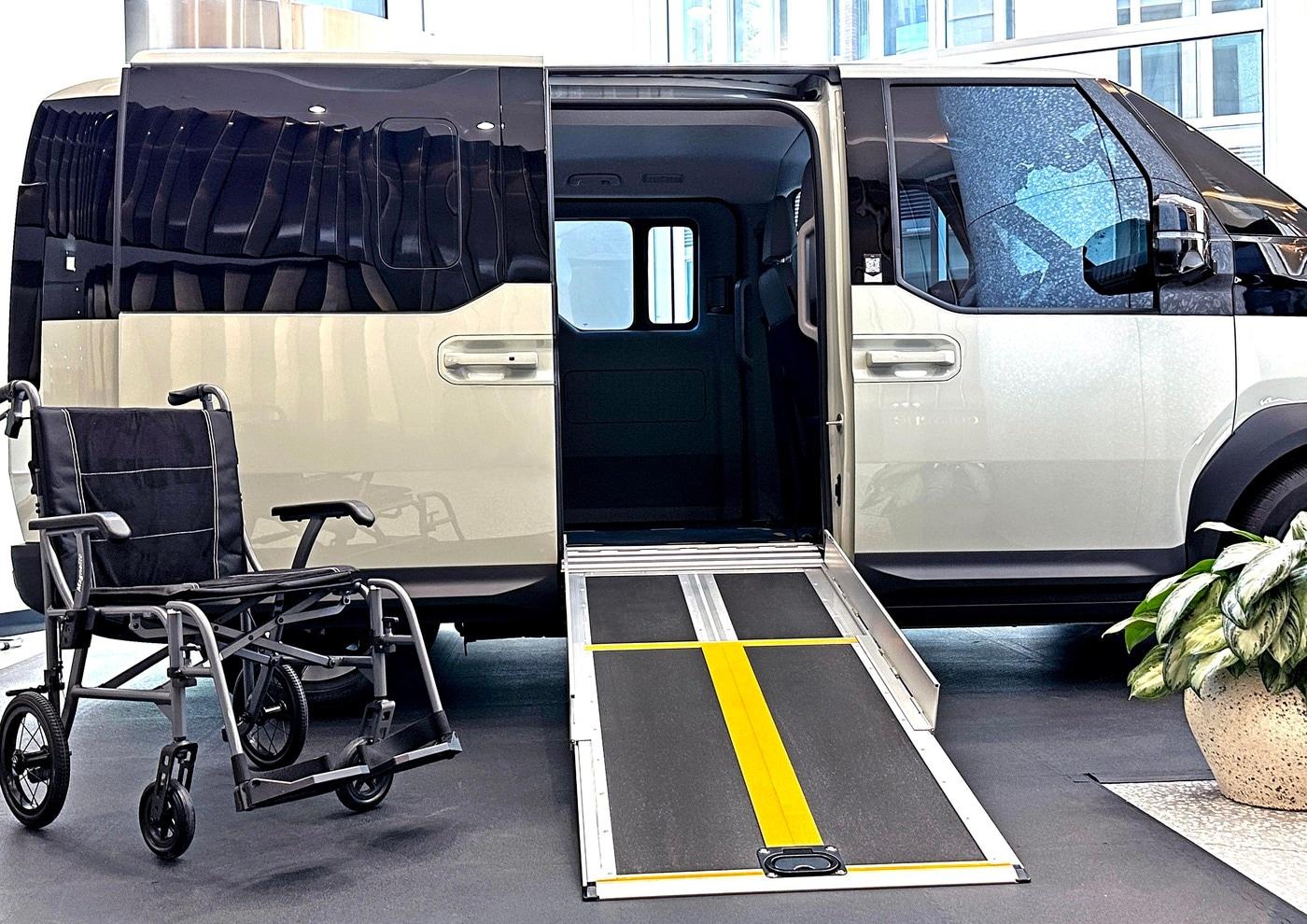 Kia&#39;s wheelchair-accessible PV5 WAV is displayed at the London Future of the Car Summit. / Photo courtesy of Kia