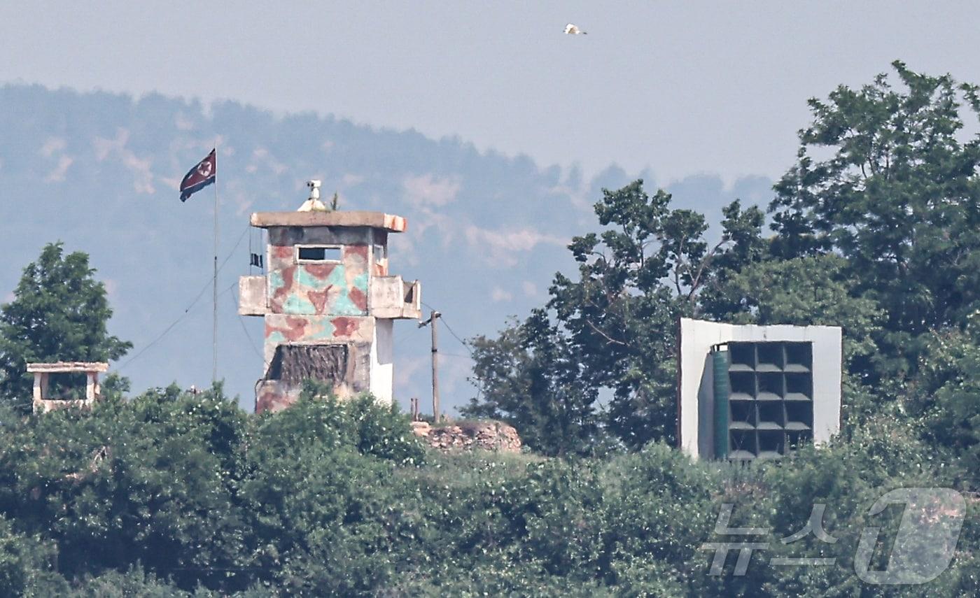 A North Korean sentry post and a loudspeaker are seen from the border area in Paju, South Korea. 2025.6.12 © News1 Kim Doh Woo
