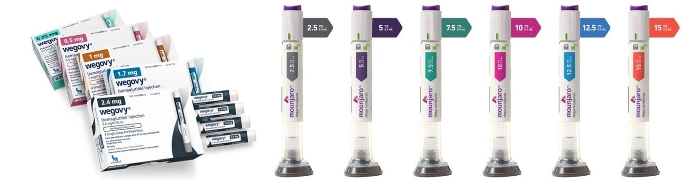 Novo Nordisk&#39;s diabetes and obesity drug Wegovy &#40;semaglutide&#41; &#40;left&#41; and Eli Lilly&#39;s Mounjaro &#40;tirzepatide&#41; / Photo courtesy of Novo Nordisk and Eli Lilly