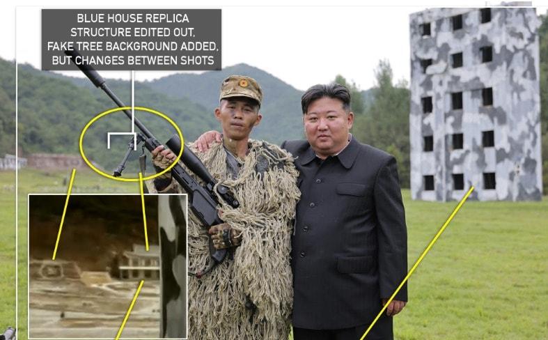 A model of the Blue House &#40;bottom left&#41; made by North Korea for training purposes, and a news photo of Kim Jong Un, General Secretary of the Workers&#39; Party, where this has been hidden / Captured by NK News