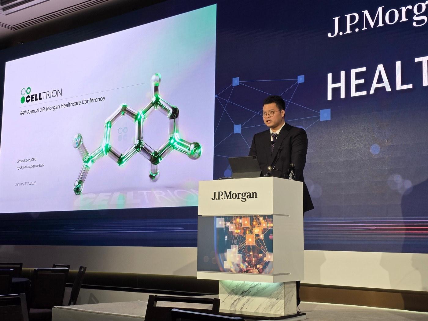 Seo Jin-seok, Head of the Business Division at Celltrion, delivers a company presentation at the JP Morgan Healthcare Conference in San Francisco, California, U.S., on Tuesday / Provided by Celltrion