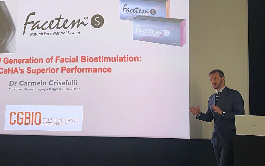 Dr. Carmelo Crisafulli, an Italian plastic surgeon, delivering a lecture on the clinical outcomes of CaHA-based collagen stimulator Facetem by CGBIO at IMCAS 2026 / Provided by CGBIO