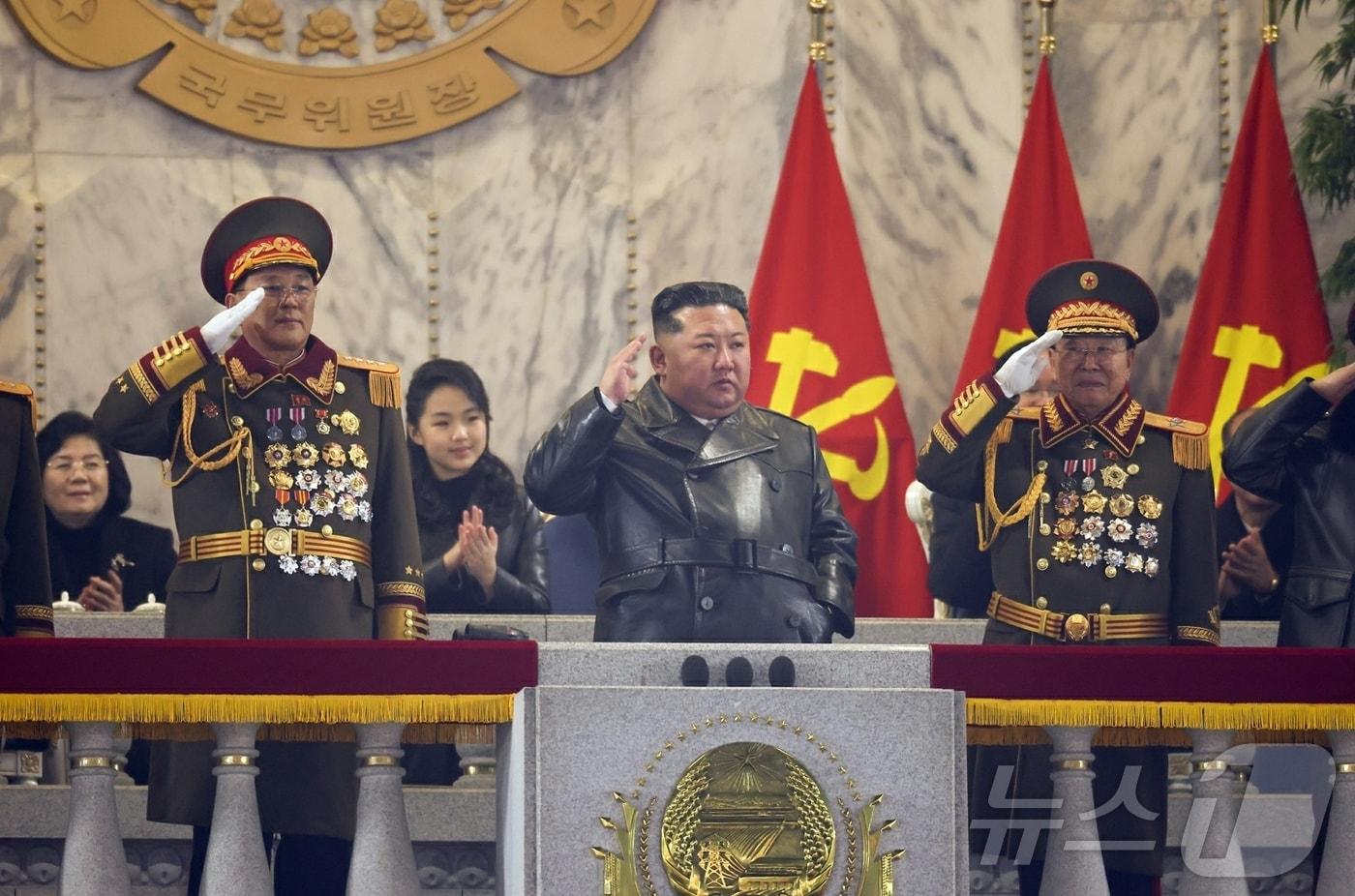 Kim Jong Un, General Secretary of the Workers' Party of Korea, standing on the rostrum at the military parade commemorating the 9th Congress of the Workers' Party of Korea held on Wednesday / Rodong Sinmun