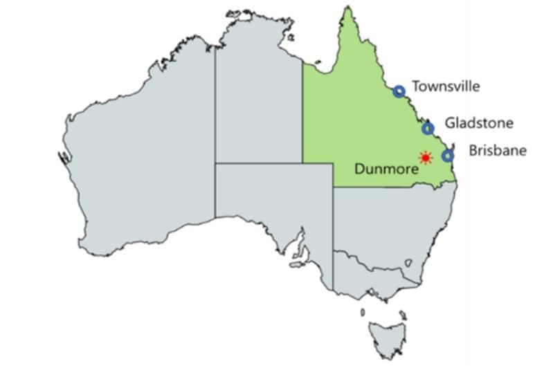 Dunmore, Queensland, Australia, is located 240 km (about 149 miles) west of Brisbane.