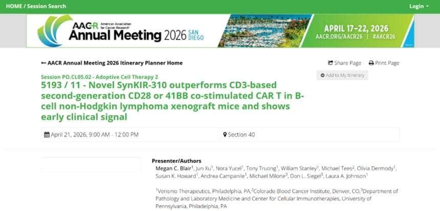 A screenshot of the abstract for Verismo Therapeutics' SynKIR-310 study, as published on the AACR website / Provided by HLB Innovation