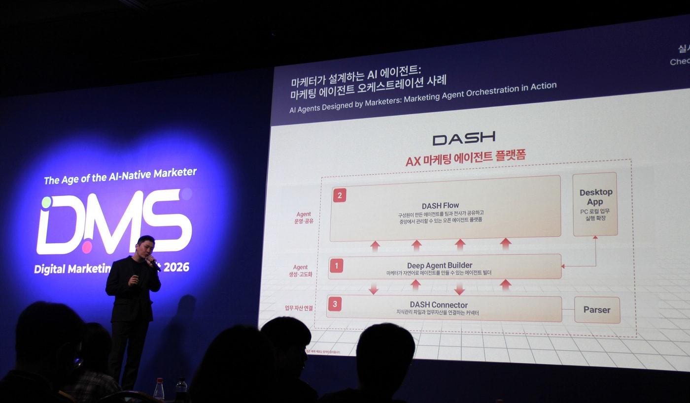 Lee Sung-jae, CSO of HSAD, explains the DASH Ecosystem—which encompasses agent creation, operation, and data integration—with a focus on the agent-based marketing platform DASH at the Digital Marketing Summit (DMS) 2026 held at COEX in Seoul on Wednesday.