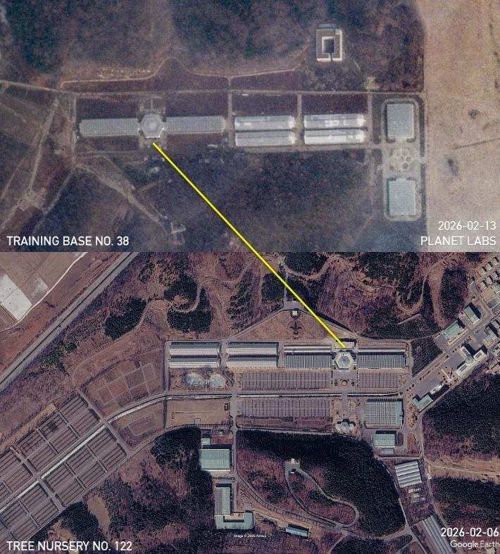 Signs have been detected that North Korea is attempting to conceal military facilities by constructing a building designed to resemble a standard tree nursery at a major missile base on the outskirts of Pyongyang. The North Korean Army’s 38th Training Base (top) and the North Korean Army’s 122nd Tree Nursery (bottom) / NK Pro edit, NK News capture