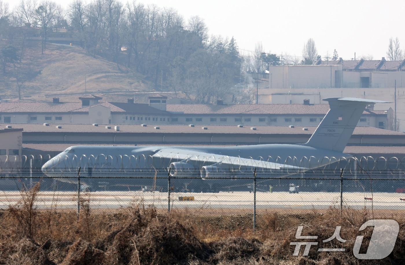 A C-5 transport aircraft is parked at Osan Air Base in Pyeongtaek, Gyeonggi Province, on March 8 2026.3.8 / News1