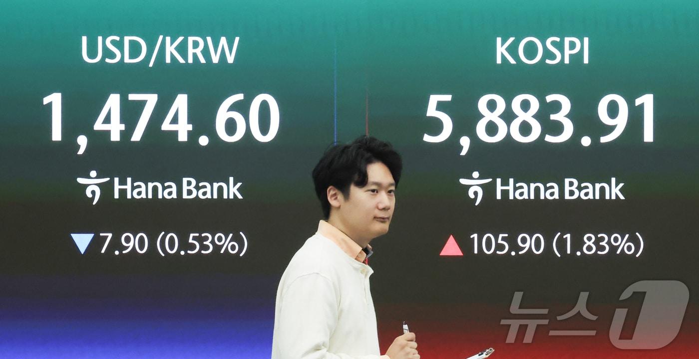 On Friday morning, the KOSPI index and the won-dollar exchange rate are displayed on the electronic board in the Hana Bank dealing room in Jung-gu, Seoul 2026.4.10 / News1