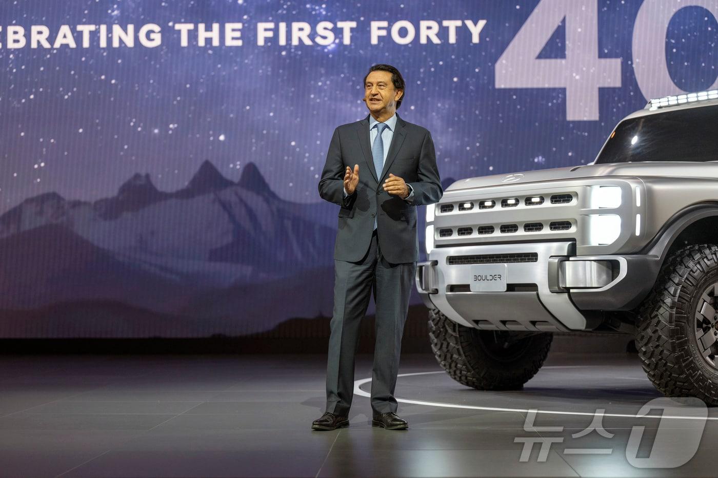 Jose Munoz, President and CEO of Hyundai Motor Company, delivering a presentation at the Hyundai Motor Company press conference during the 2026 New York International Auto Show (Provided by Hyundai Motor and Kia) / News1