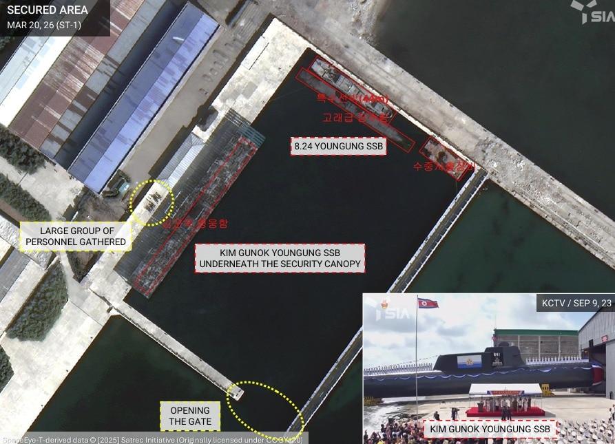 According to a report titled NK Insight published on Monday by the domestic private satellite imagery company SI Analytics (SIA), there is speculation that the Hero Kim Kun Ok has completed maintenance and may proceed with a test launch of a submarine-launched ballistic missile (SLBM) / Capture from NK Insight Report