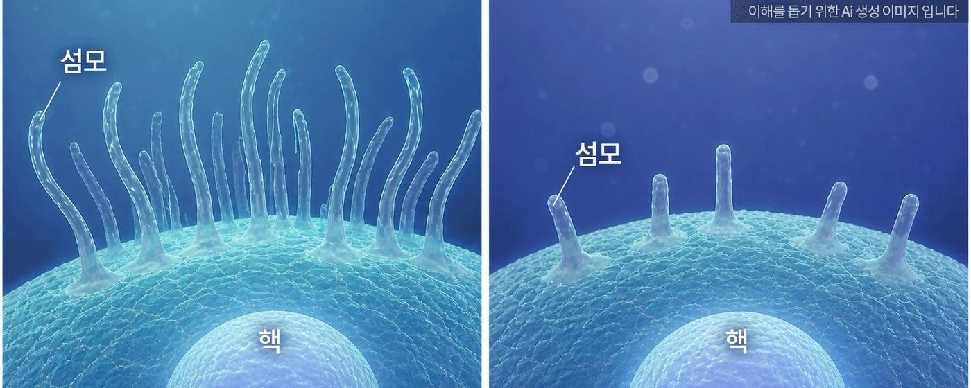 Difference in cilia length when only one of the autism-related gene pairs is mutated (left) versus when both are mutated (right). When both genes in the pair were mutated, there was a marked reduction in cilia formation on the cell surface / Provided by Bundang Seoul National University Hospital