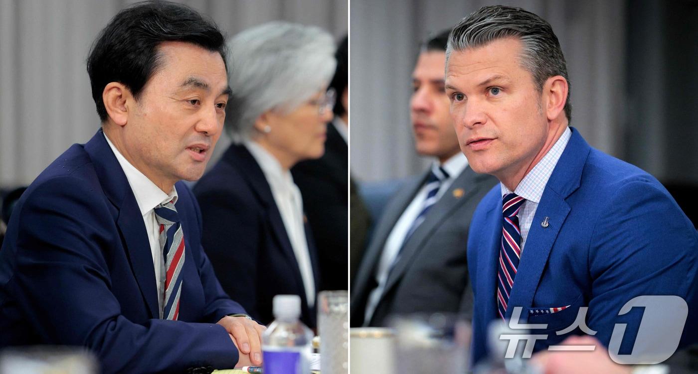 Defense Minister Ahn Kyu-back and U.S. Secretary of Defense Pete Hegseth are delivering opening remarks during the South Korea-U.S. defense ministers’ meeting held at the Pentagon in Washington, D.C., on Monday / News1