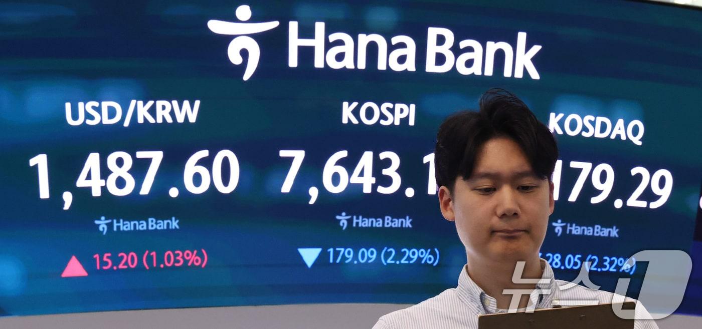 Electronic boards display the closing values of the KOSPI and other financial indicators at the dealing room of Hana Bank headquarters in Seoul on May 12, 2026. / Courtesy of News1