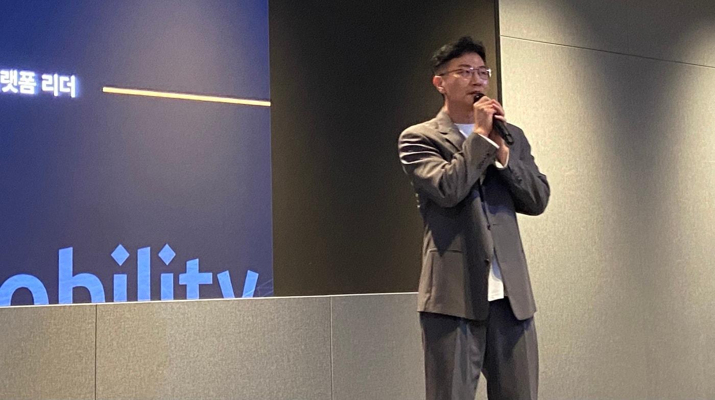 Kang Eun-gyu, head of future business platforms at Kakao Mobility, speaks during a media study session at the company’s Pangyo headquarters in Seongnam, South Korea, on May 12, 2026. / Courtesy of News1