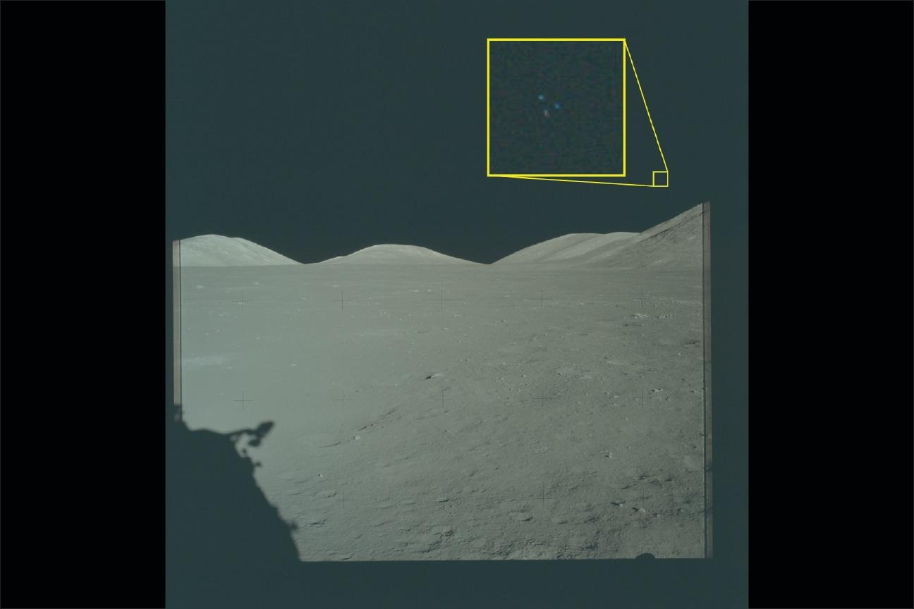 A photo taken on the surface of the Moon during the Apollo 17 mission in 1972, from among the materials related to Unidentified Aerial Phenomena (UAP) released by the U.S. Department of Defense on May 8. Three lights can be seen above the lunar terrain in the enlarged area within the yellow box. / U.S. Department of Defense UAP Disclosure Materials Homepage